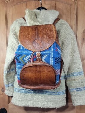Hand Crafted Brown Leather & Blue Woven Boho Backpack